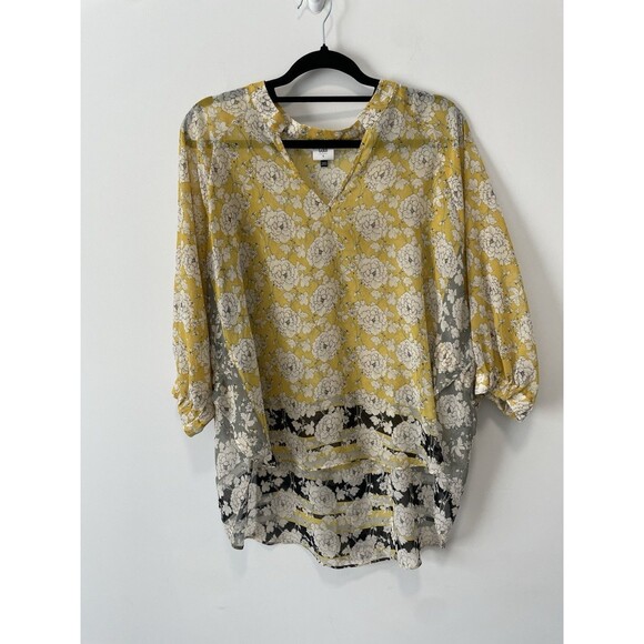 CAbi Tops - CABI Amelia Gather Top Yellow Black Floral Sheer Peasant Blouse Sz S Flowy Chic